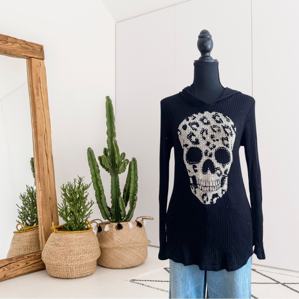 Vocal Rhinestone Skill Print Stretch Hooded Waffle Knit Long Sleeve Top